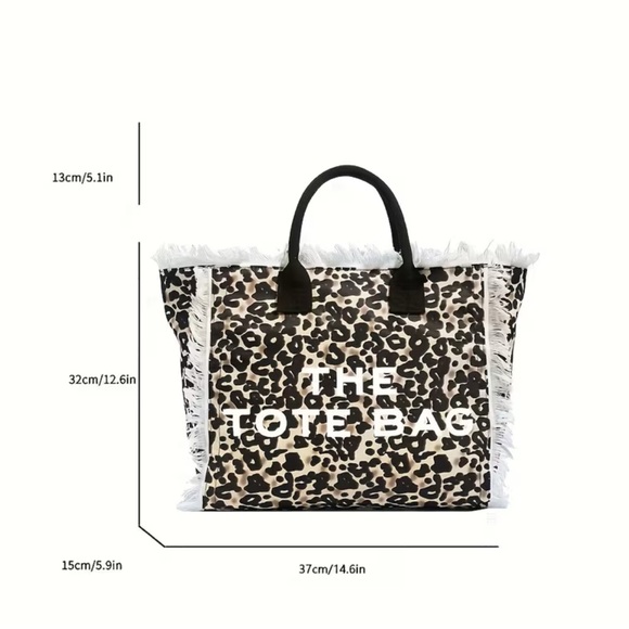 Leopard Print Tote Bag with Fringe - Picture 3 of 10